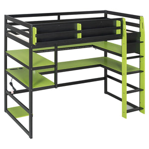 English Elm Twin Loft Bed with Rgb Lighting Usb Ports Wraparound Shelves and Gaming Desk Green LT000298AAF
