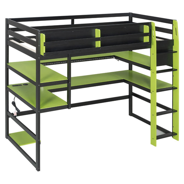English Elm Twin Loft Bed with Rgb Lighting Usb Ports Wraparound Shelves and Gaming Desk Green LT000298AAF