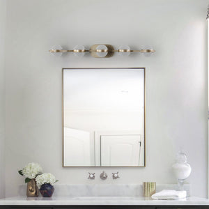 English Elm Bathroom Vanity Light - Elegant 5-Bulb Led Fixture With Crystal Sand Shades In Champagne Gold Finish W2312P374868