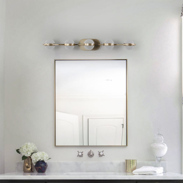 English Elm Bathroom Vanity Light - Elegant 5-Bulb Led Fixture With Crystal Sand Shades In Champagne Gold Finish W2312P374868