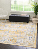 Unique Loom Whitney Bordeaux Machine Made Floral / Botanical Rug Tuscan Yellow, Blue/Ivory/Gray 7' 10" x 7' 10"