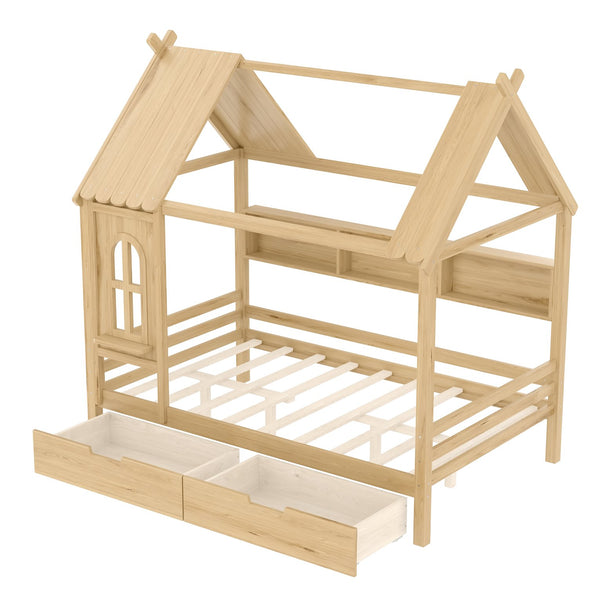 English Elm Full House Solid Wood Platform Bed with Window Roof, Under-Bed Drawers & Shelves for Kids' Rooms Natural W1580S00268