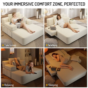 English Elm Luxurious Corduroy Convertible Chaise Lounge Sofa Bed with Foam Support for Apartments Beige W3219P449012