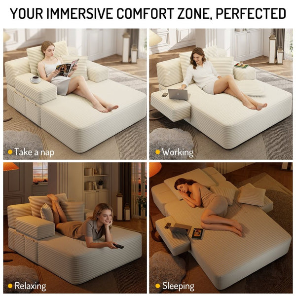 English Elm Luxurious Corduroy Convertible Chaise Lounge Sofa Bed with Foam Support for Apartments Beige W3219P449012