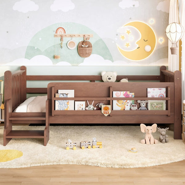 English Elm Twin Pine Floor Bed for Kids with Side Bookcases Built-in Stairs and Safety Guardrails Natural W1580P390215