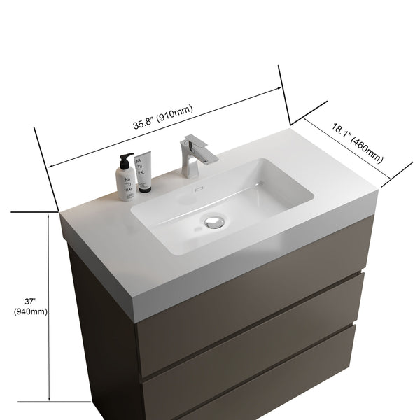English Elm Alice 36" Gray Freestanding Bathroom Vanity With Soft-Close Drawers & Glossy White Sink Basin W1865S00015