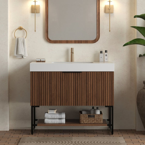 English Elm Dina Floating Bathroom Vanity Sintered Stone Top Glass Basin Striped Plywood Cabinet W2615S00255