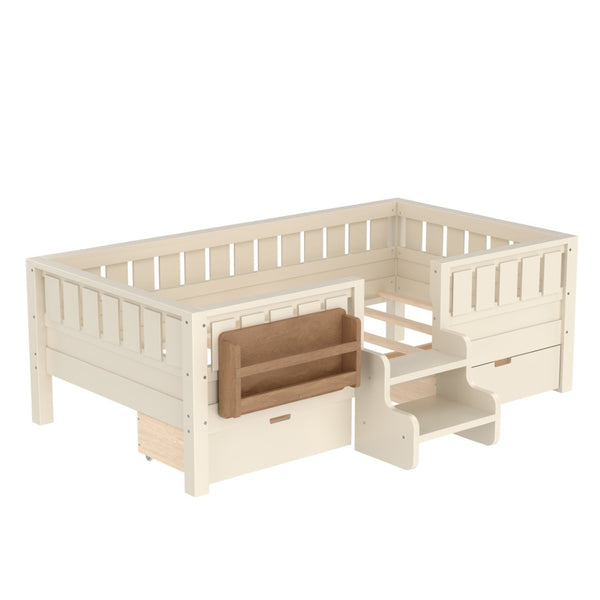 English Elm Twin Kids Storage Bed with Bookshelf Headboard Safety Staircase and Under Drawers Beige W1580P379183