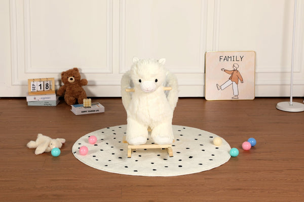 English Elm Kids Alpaca Plush Rocking Toy with Lullaby Sounds Jingle Bells and Safety Belt W3723P374144