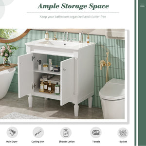 English Elm 30" French Style Bathroom Vanity with Ceramic Basin Soft Close Doors Wood Legs White N710P415327K