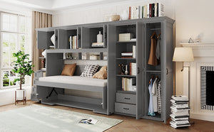 English Elm Twin Murphy Wall Bed with Integrated Desk Wardrobe and Storage Cabinet in White LP000767AAE