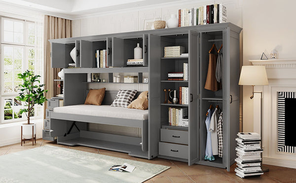 English Elm Twin Murphy Wall Bed with Integrated Desk Wardrobe and Storage Cabinet in White LP000767AAE