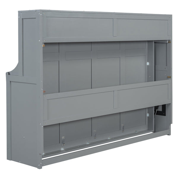 English Elm Full Size Murphy Bed With Hydraulic Lift & Integrated Desk For Space-Saving, Gray Pinewood Design N820S00032E