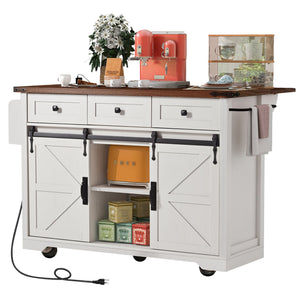 English Elm K&K 53.7" Farmhouse Kitchen Island with Drop Leaf, Sliding Barn Doors, Built-In Power & Wheels White N707P170347W