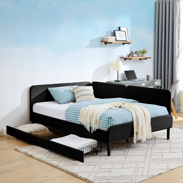 English Elm Full Velvet Upholstered Platform Bed Full Size with 2 Underbed Storage Drawers, Foam Seat, Modern Design Black W1413P298912