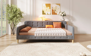 English Elm Queen Upholstered Daybed with Tufted High Sideboard, Linen Finish, Solid Wood Frame, 800lb Capacity Gray N7500001850E