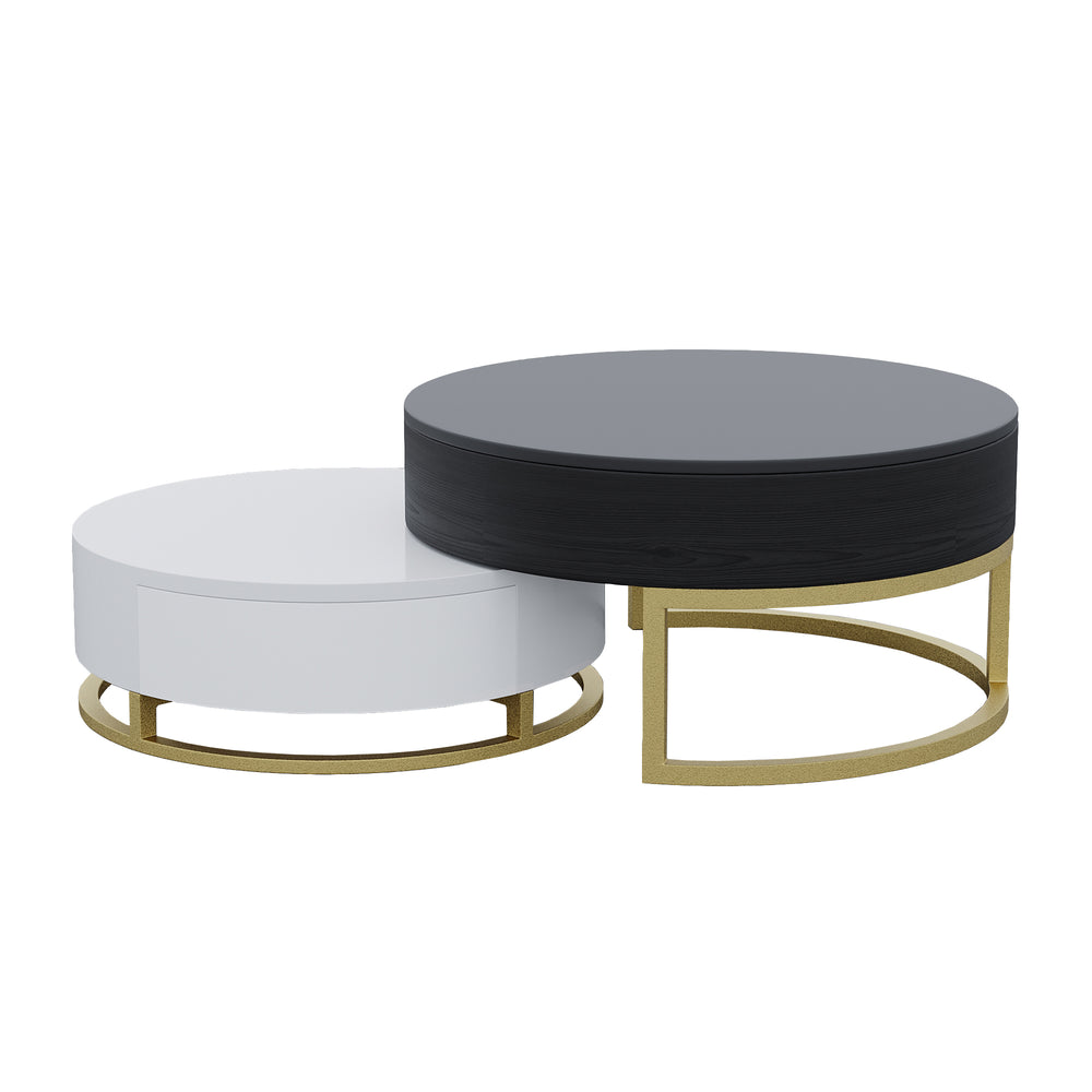 English Elm Dolce Round Lift-Top Wood Coffee Table with Convertible Heights and Sturdy Iron Frame, Modern Chic Black White B341S00041