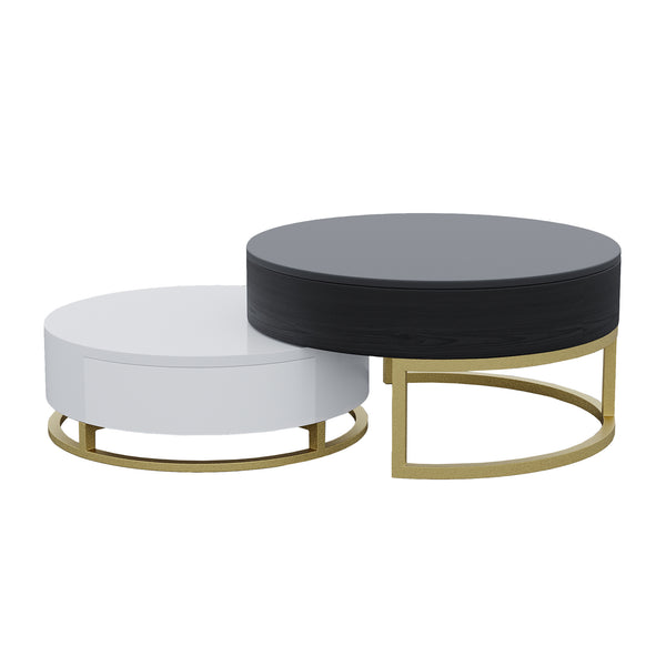 English Elm Dolce Round Lift-Top Wood Coffee Table with Convertible Heights and Sturdy Iron Frame, Modern Chic Black White B341S00041