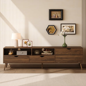 English Elm Mid Century TV Stand Natural Wood Grain with Drop-Down Door, 2 Drawers & 4 Cabinets, Cable-Managed Storage (Fits TVs up to 80") N710P295758P