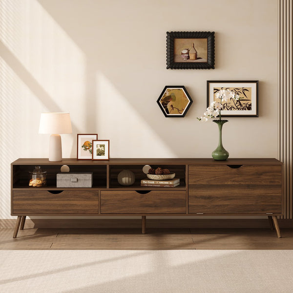 English Elm Mid Century TV Stand Natural Wood Grain with Drop-Down Door, 2 Drawers & 4 Cabinets, Cable-Managed Storage (Fits TVs up to 80") N710P295758P