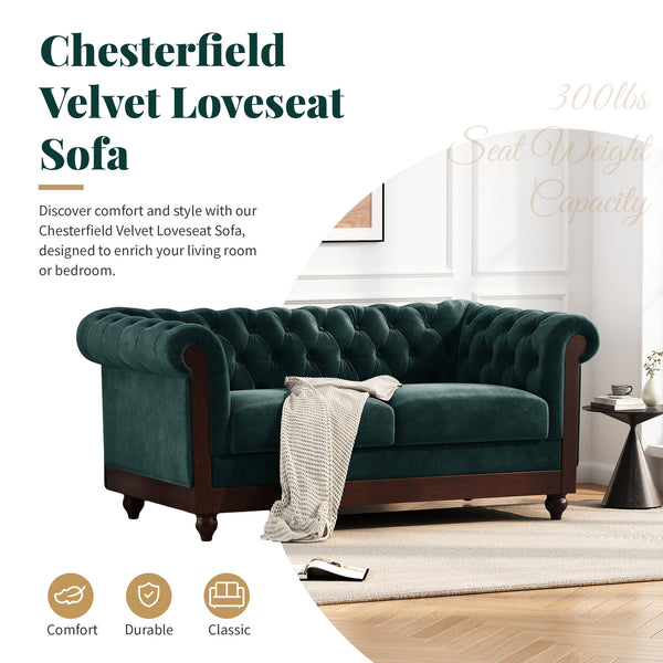 English Elm Christopher Knight Home® - VIVALUX Chesterfield Velvet Loveseat Sofa with Rolled Arms Tufted Buttons Plush 2-Seater Comfort 59.4" Dark Green N762P178705F