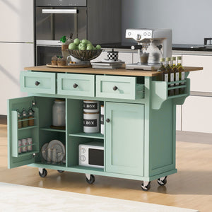 English Elm Kitchen Cart with Drop-Leaf Rubberwood Countertop, Rolling Island with Cabinet, Drawers & Racks for Dining Room - Stylish Durable Storage Solution Mint Green WF298028AAE