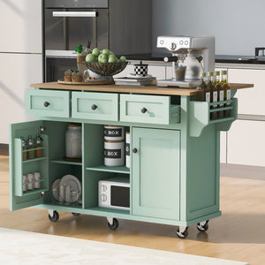 English Elm Kitchen Cart With Rubber Wood Drop-Leaf Countertop ,Cabinet Door Internal Storage Racks,Kitchen Island On 5 Wheels With Storage Cabinet and 3 Drawers For Dinning Room, Mint Green