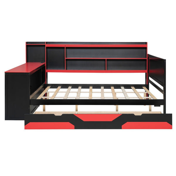 English Elm Queen Gaming Bed Frame with Desk Led Lighting Storage Drawers and Bookcase Headboard Black+Red LP000290AAJ