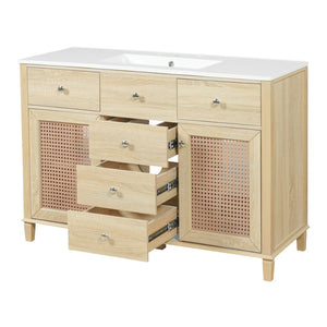 English Elm 48-inch Rattan Bathroom Vanity Solid Wood Frame Five Drawers Ceramic Sink Coastal Boho N765P38884950E