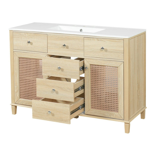 English Elm 48-inch Rattan Bathroom Vanity Solid Wood Frame Five Drawers Ceramic Sink Coastal Boho N765P38884950E