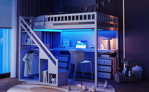 English Elm Full Size Loft Bed with Desk Drawers Led Strip and Staircase for Teen Rooms White LT000258AAK-1