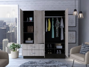 English Elm Gangi Modern 4-Door Armoire with Mirrors, 10 Shelves, 2 Drawers & Hanging Rod for Organized Bedrooms Black+Grey 74.8 L x 23.62 W x 3.94 H B097S00228