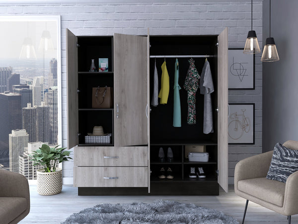 English Elm Gangi Modern 4-Door Armoire with Mirrors, 10 Shelves, 2 Drawers & Hanging Rod for Organized Bedrooms Black+Grey 74.8 L x 23.62 W x 3.94 H B097S00228