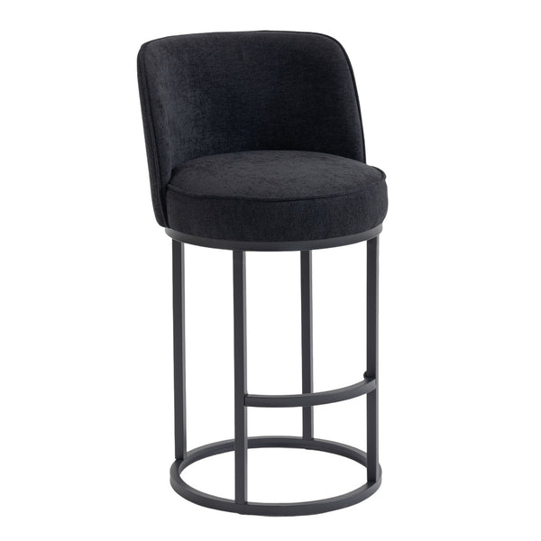 English Elm Counter Height Barstools Set of 2 Linen Upholstered Barrel Seat with Iron Legs Black W395P410438