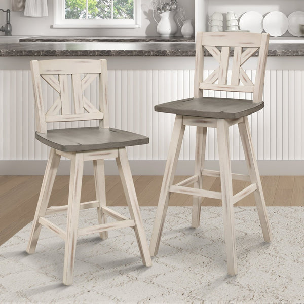 English Elm Pub Height Swivel Chairs Set Of 2, Rustic Distressed Gray & White Rubberwood X-Back Design B011P194917-GIGA