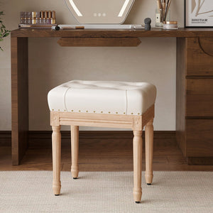 English Elm Vanity Ivory Tufted Ottoman Stool with Nailhead Trim & Carved Wood Legs — Faux Leather Bench, 300LB Capacity T3623P381007