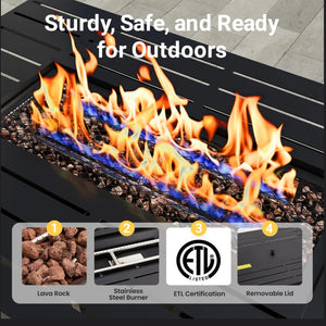 English Elm 43”width Outdoor Rectangular Propane Fire Pit Table with Iron Frame and Glass Shield B082P454964