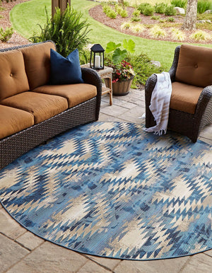 Unique Loom Outdoor Modern Aztec Machine Made Geometric Rug Blue, Ivory/Navy Blue/Black 8' 0" x 8' 0"