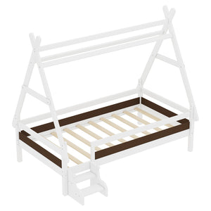 English Elm Twin House Shaped Platform Bed Solid Pine Frame with Built in Stairs for Kids W1580P354718