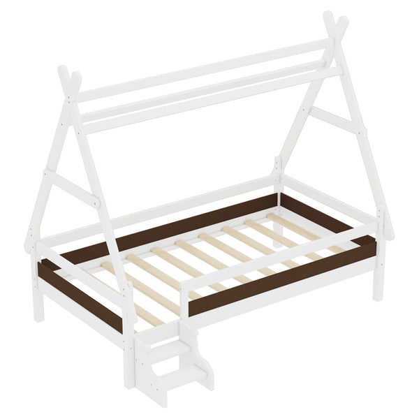 English Elm Twin House Shaped Platform Bed Solid Pine Frame with Built in Stairs for Kids W1580P354718