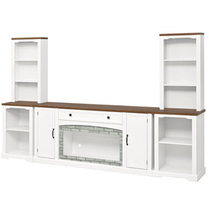 English Elm 3-piece Farmhouse Entertainment Center with Curved Cabinets Walnut Mdf Modular Living Room White N721S000068K
