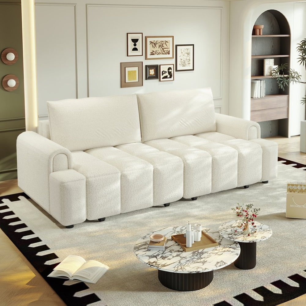English Elm 90.2" Plush Teddy Fabric Convertible Sleeper Sofa with Hidden Storage for Living Room Beige+White W1885S00311