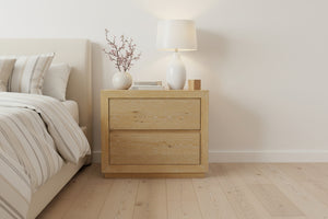 Alpine Furniture Harper Light Oak Two-Drawer Nightstand With Soft-Close Glides, Solid Rubberwood, 30"W X 18"D X 25"H 255-02