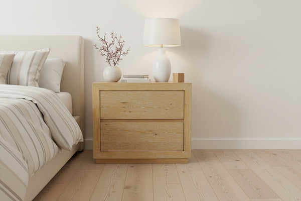 Alpine Furniture Harper Light Oak Two-Drawer Nightstand With Soft-Close Glides, Solid Rubberwood, 30"W X 18"D X 25"H 255-02