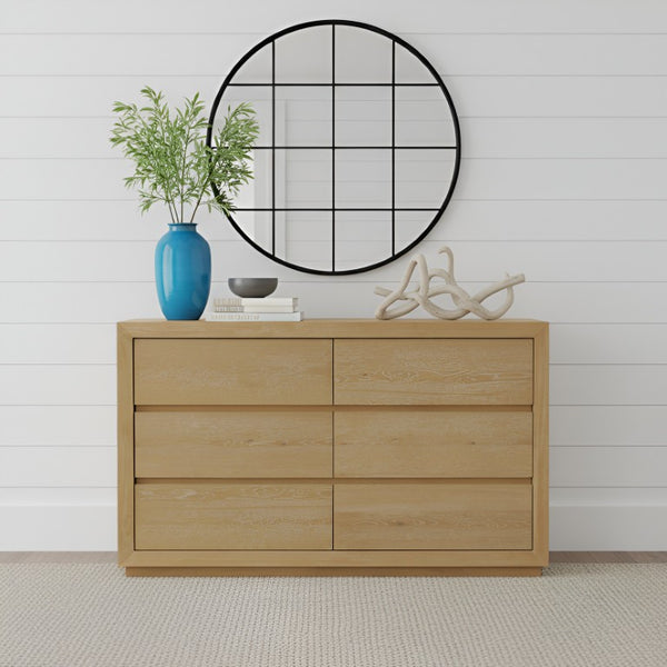 Alpine Furniture Harper Six-Drawer Dresser With Soft-Close Glides, Solid Rubberwood Durability And Classic Grain Finish Light Oak 255-03