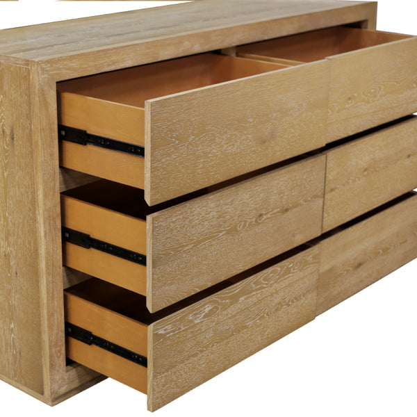 Alpine Furniture Harper Six-Drawer Dresser With Soft-Close Glides, Solid Rubberwood Durability And Classic Grain Finish Light Oak 255-03
