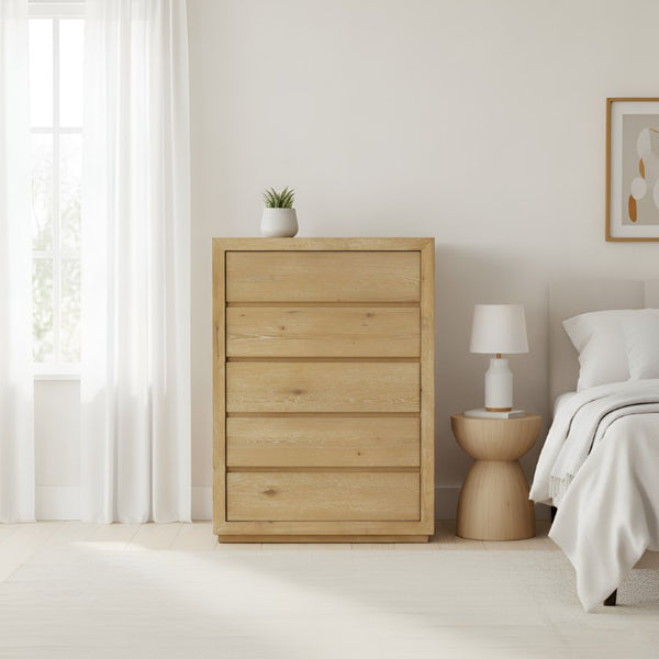 Alpine Furniture Harper Five Drawer Chest With Soft-Close Glides, Solid Rubberwood Frame And Generous Storage Capacity Light Oak 255-05
