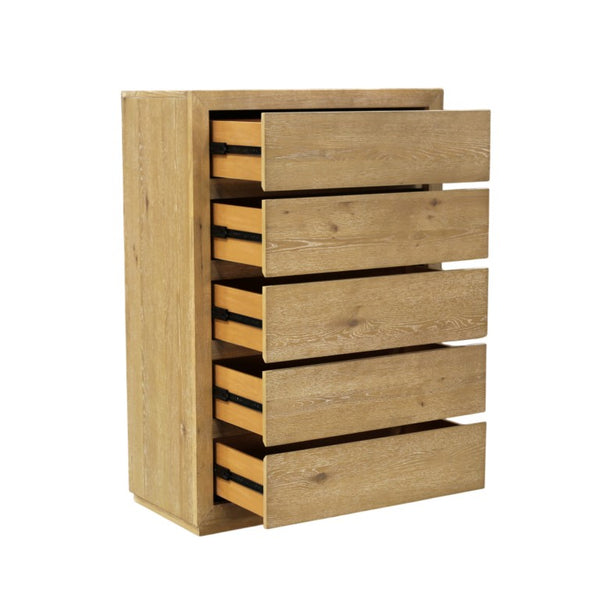 Alpine Furniture Harper Five Drawer Chest With Soft-Close Glides, Solid Rubberwood Frame And Generous Storage Capacity Light Oak 255-05