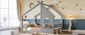 English Elm Twin House Bed Low Profile Pine Wood Frame with Shelf Montessori Kids Floor Sleeping Gray W5305P429646