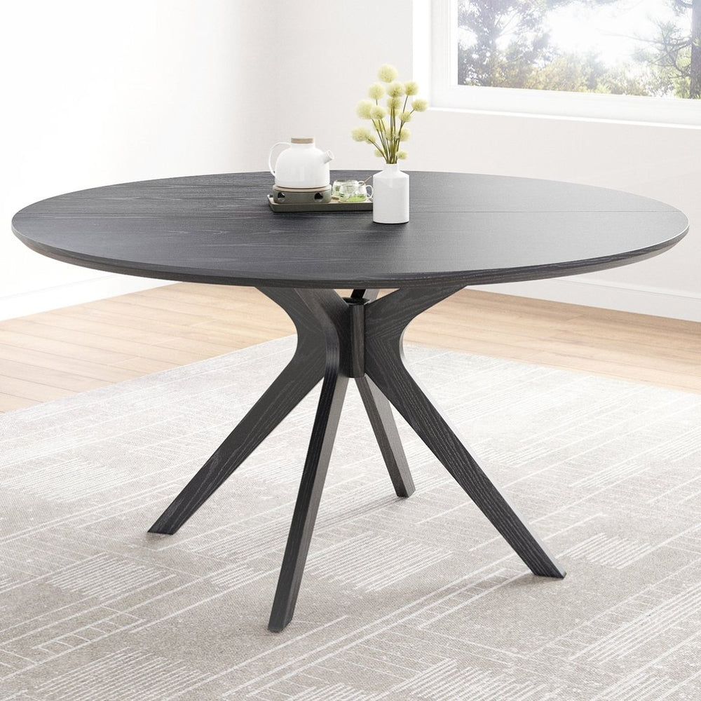 English Elm 47" Round Wood Dining Table Seats Six with Industrial Metal Base for Modern Homes Black T3623P437345